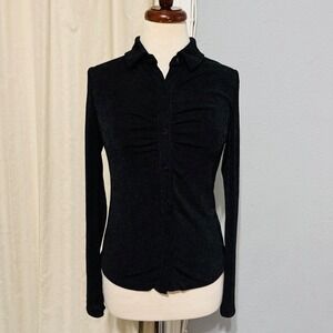 Becool Career Black Glitter Ruched Button Up Long Sleeve Gothic Shirt Women Sz S